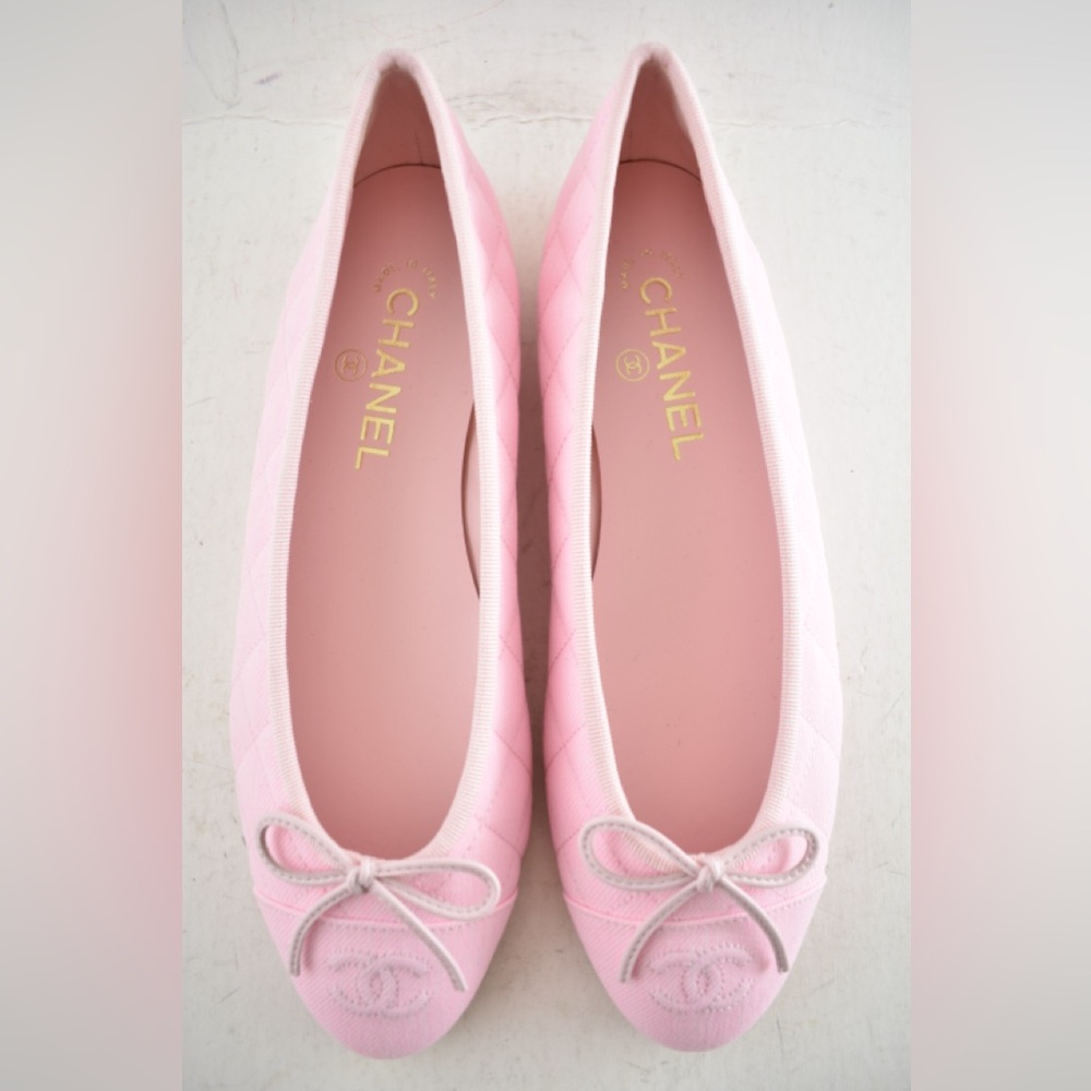 Chanel 26P Light Pink Denim Quilted CC Logo Bow Tie Ballet Ballerina Flat 39 - Picture 12 of 16